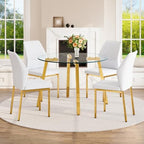 42" Round Glass Dining Table Set for 4,Modern Breakfast Table Set for 4 with Luxury Gold Chrome Legs,Space Saving Kitchen Table and White Gold Chairs for Apartment,Easy Assembly