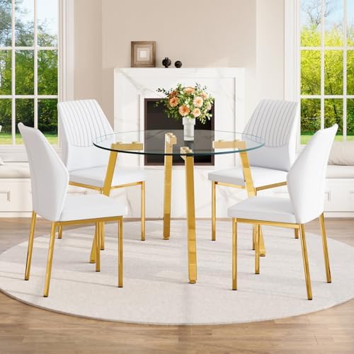 42" Round Glass Dining Table Set for 4,Modern Breakfast Table Set for 4 with Luxury Gold Chrome Legs,Space Saving Kitchen Table and White Gold Chairs for Apartment,Easy Assembly