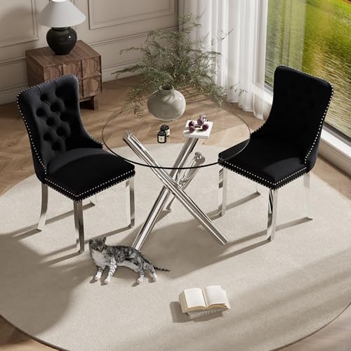 Modern Silver Round Glass Dining Table Set for 2, 36'' Luxury Minimal...