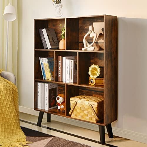 LEYAOYAO Cube Bookshelf, Mid-Century Modern Book Shelf with Legs, Brown