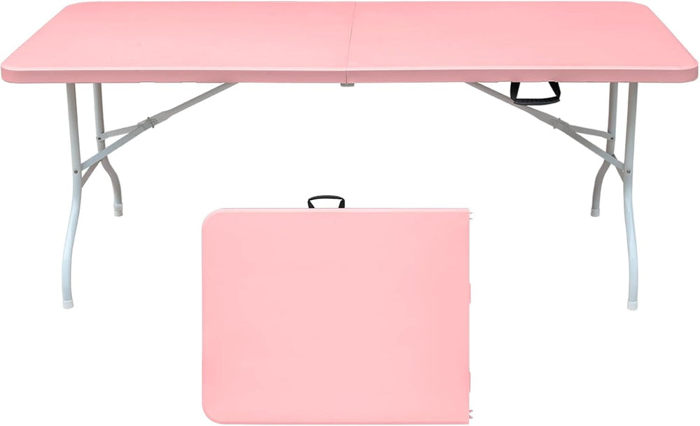 6 FT Folding Table with Carry Handle, Portable Fold-in-Half Plastic Table, Re...