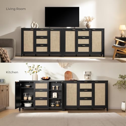 SICOTAS Sideboard Buffet Cabinet with 3 Drawers, Rattan Storage Cabinet