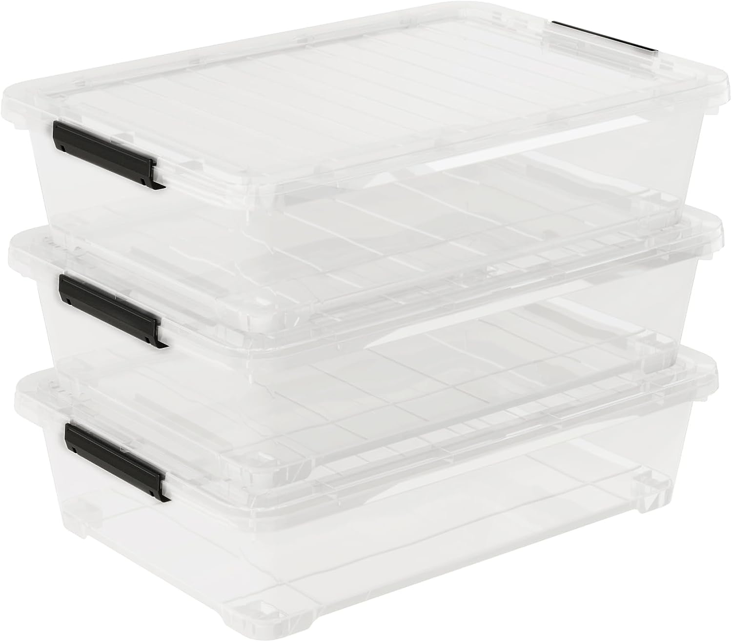 3-Pack Under Bed Wheeled Storage Box, 40 Qt Underbed Plastic Containers Bins with Secure Latch Lids and Sturdy Wheels, Clear