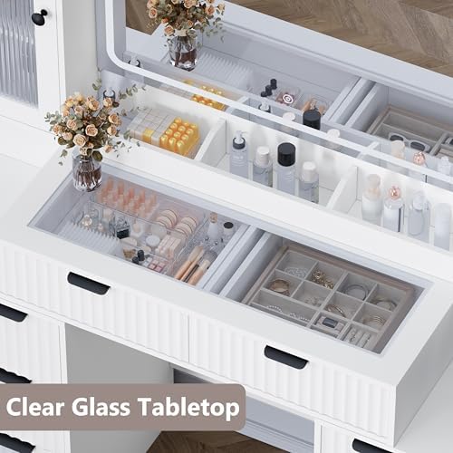 Fluted Makeup Vanity Desk with Mirror and Lights, 55" Glass Top Vanity w...
