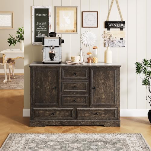 GarveeHome 47” Farmhouse Sideboard Buffet Cabinet,5 Drawers,2 Doors,Brown01