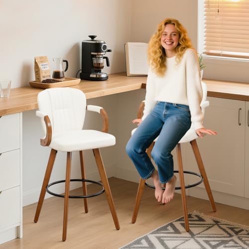 26" Swivel Counter Height Bar Stools with Back White Faux Leather Kitche...