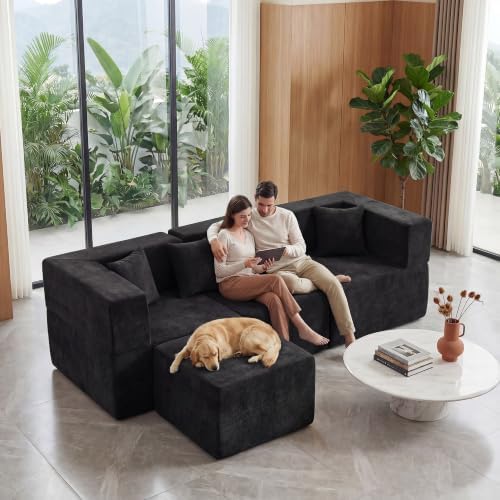 MONVANE L Shaped Sectional Couch Oversized, Chenille, Black | 4-Seat Sectiona...