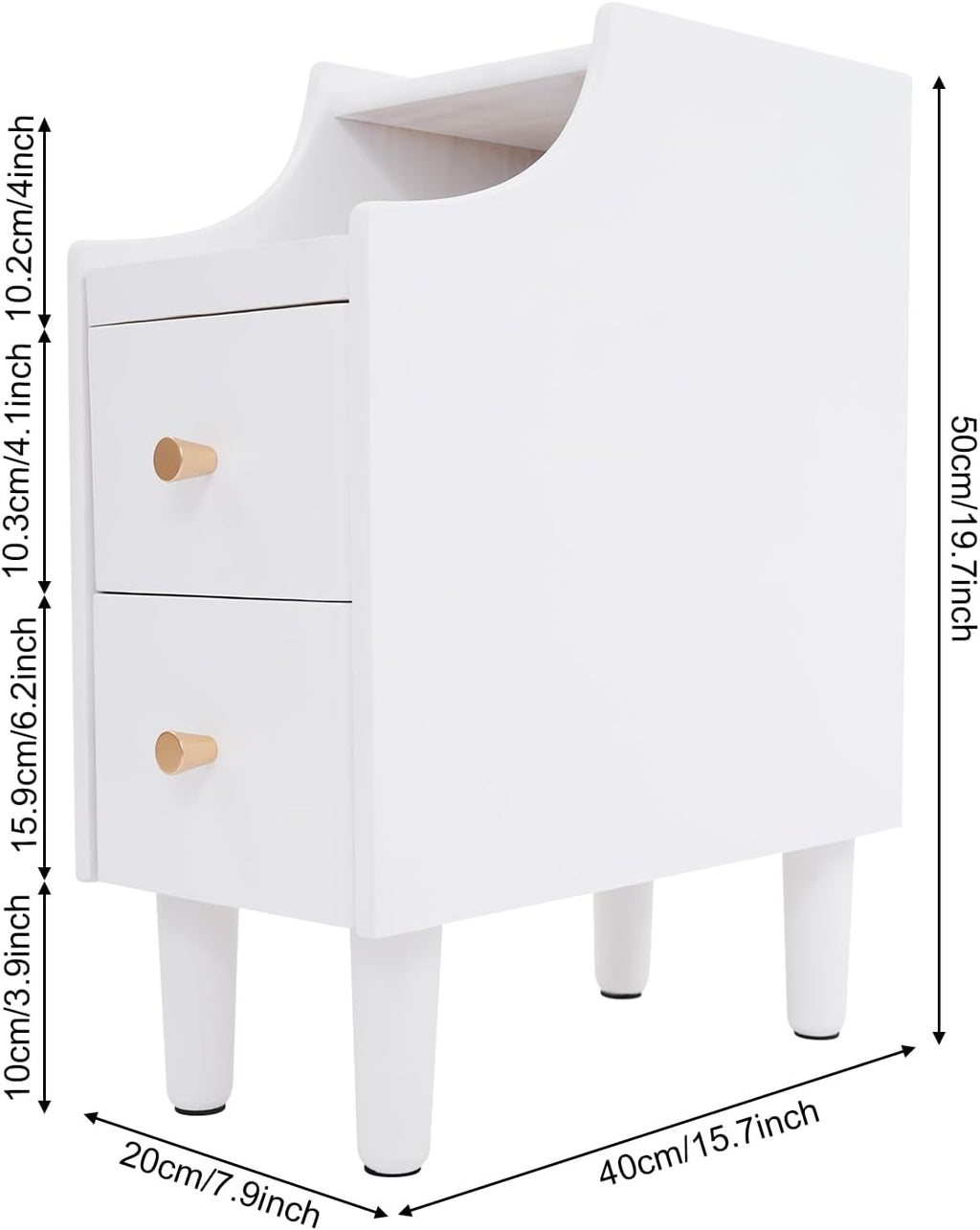 Small Nightstand, Narrow Night Table, Solid Wood Night Stand, Narrow Side Table for Living Room, Small Spaces, Couch，9.8-inch Slit Storage (White)