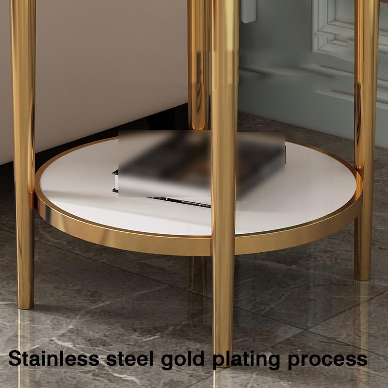 Bedside/Sofa Side Table: Stainless Steel & Marble Two-Tier Small Round Ta...