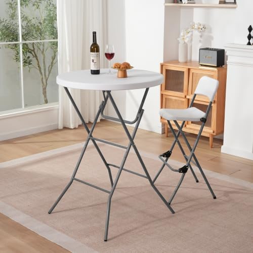 32" Round Folding Table, Portable Bar Height Folding Table with Detachab...