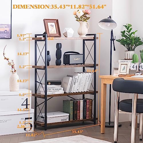 HCHQHS Bookshelf, 4-Tier Industrial Bookcase, Rustic Open Book Shelf, Freesta...
