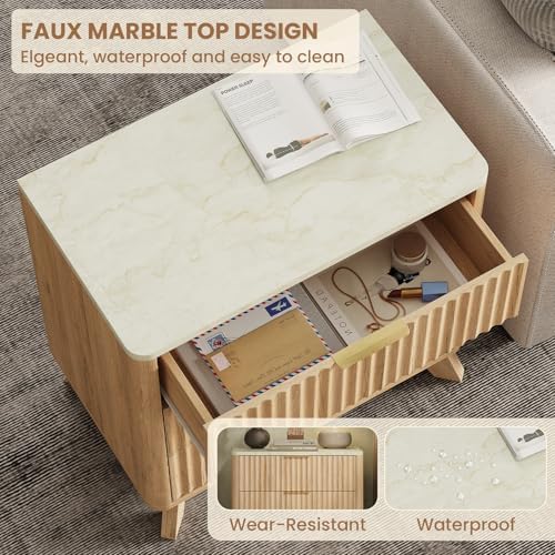 24" Tall 3 Drawers Fluted NightStand with Faux Marble Top,Natural Oak