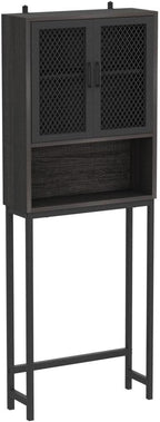 Launica Over The Toilet Storage Cabinet, Industrial Bathroom Organizer Above Toilet, Bathrooms Space Saver Stand with Shelf, Wood and Metal Freestanding Bathrooms Rack Behind The Toilet, Dark Gray Oak