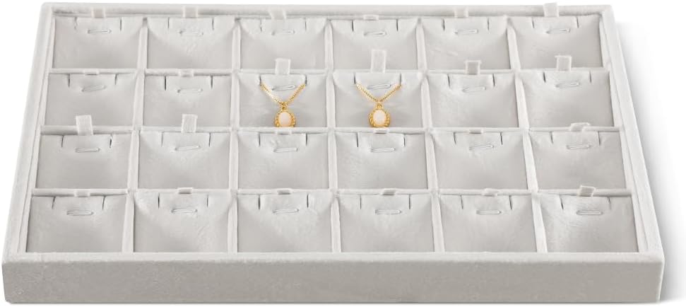 Velvet Necklace Display Tray, Stackable 24 Grid Insert Pendant Necklaces Storage Holder Plate, Jewelry Retail Countertop Organizer (White)