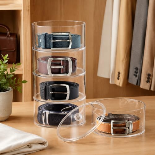ZENFUN 5 Layers Acrylic Belt Organizer, Stackable Belt Storage Box Clear Display Case Vanity Organizer for Watch, Hair Accessories, Jewelry, Closet and Drawer, 2.6" H x 5.5" Dia