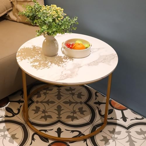 aboxoo Coffee Table Nesting White Set of 2 Side Set Golden Frame Circular Rou...