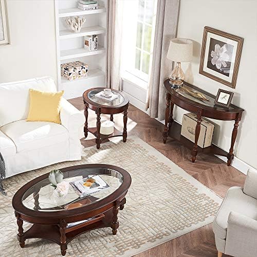 PADMA HOUSE 2-Tier Traditional Wood Semi-Circle Sofa Table with Glass Top | C...