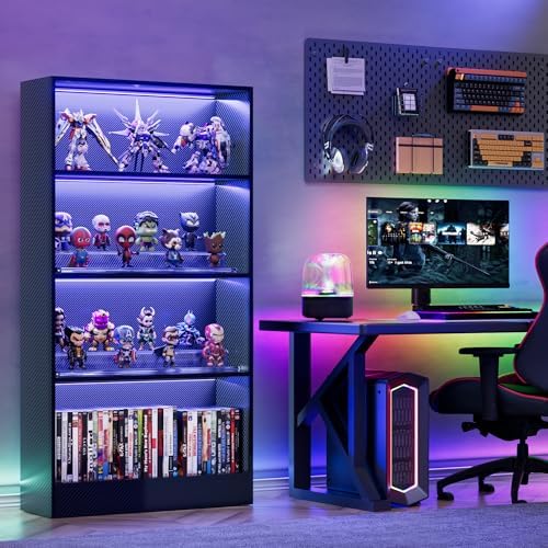 CODACE Tall Wooden 4-Tier Black Bookshelf - Display Cabinet with LED Lights