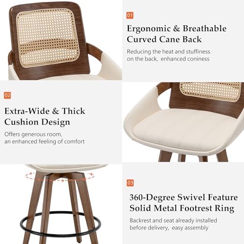 Mid Century Modern Counter Stools, Rattan Swivel Counter Stools with Back | N...