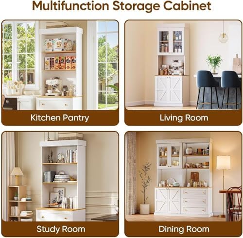 71" Farmhouse Kitchen Pantry Cabinet,Freestanding Storage Hutch with Gla...