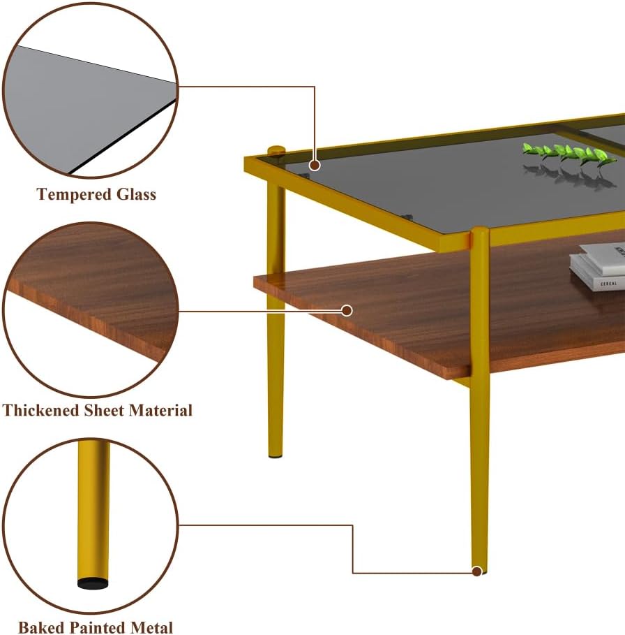 Rectangle Coffee Table with Gray Tempered Glass Top and Golden Legs, Modern T...