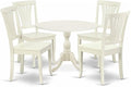 East West Furniture DMAV5-LWH-W 5 Piece Modern Dining Table Set Includes a Round Wooden Table with Dropleaf and 4 Dining Chairs, 42x42 Inch, Linen White