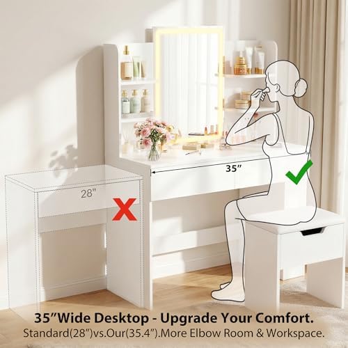 Furmax Vanity Desk with Mirror and LED Lights, White with Bench | Makeup Vani...