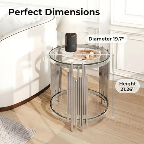19.7" Luxury Round Silver End Table with 2-Tier Clear Tempered Glass She...