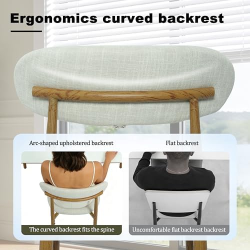 FREKEN Modern Upholstered Dining Chairs Set of 2, Mid-Century Metal Frame with Wood Grain, Linen Fabric Side Chair for Kitchen Dining Room, 350lbs Capacity, Beige