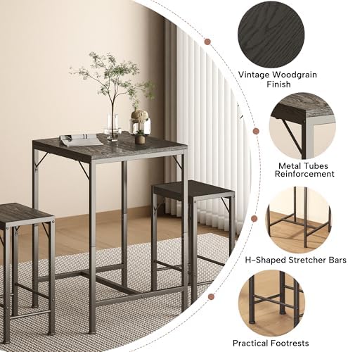 Homeiju Bar Table and Chairs Set, Square Bar Table with 2 Stools, Space-Savin...