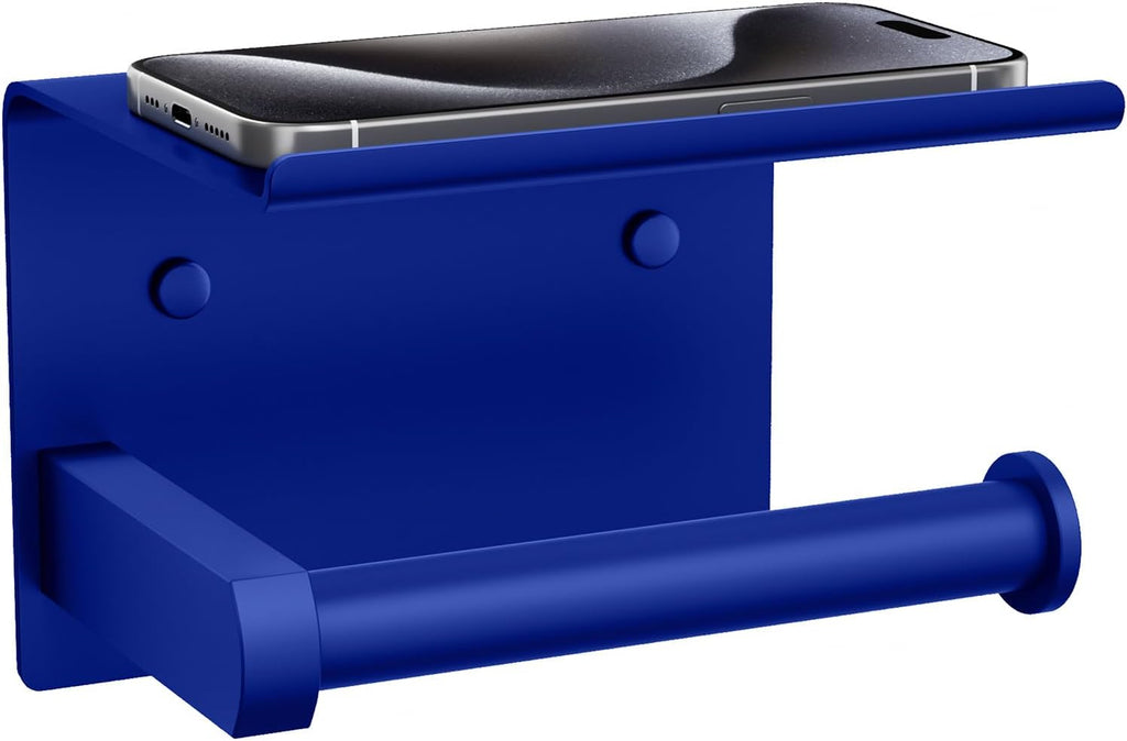 Tindbea Toilet Paper Holder with Shelf Adhesive or Screw Wall Mounted Toilet Paper Roll Dispenser Storage, Stainless Steel Bathroom Shelf Holder Accessories (Klein Blue)