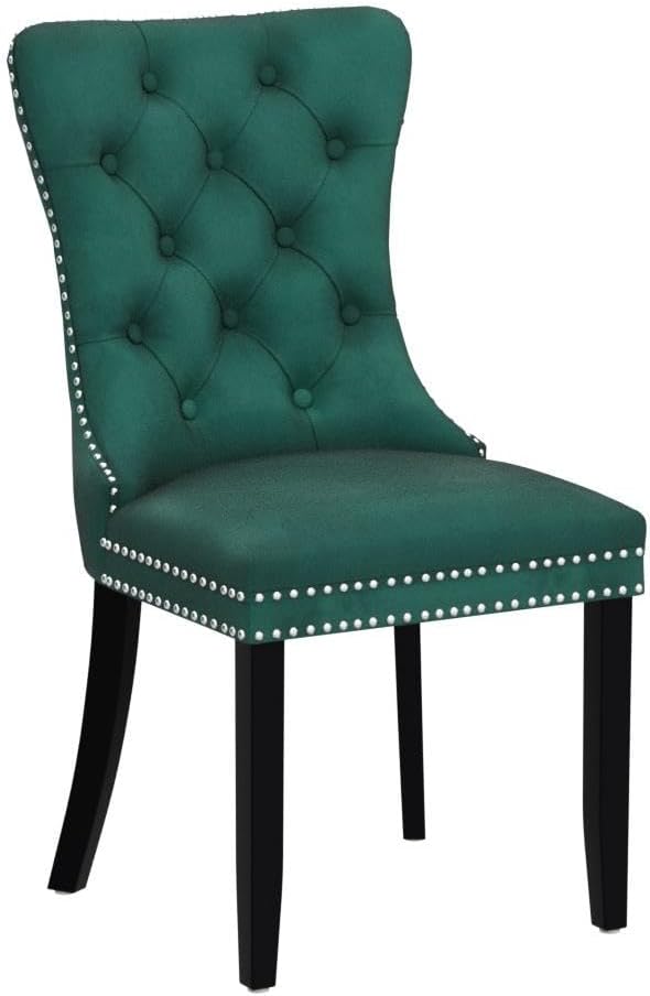 KCC Velvet Dining Chairs Set of 4, Upholstered High-end Tufted Dining Room Chair with Nailhead Back Ring Pull Trim Solid Wood Legs, Nikki Collection Modern Style for Kitchen, Green