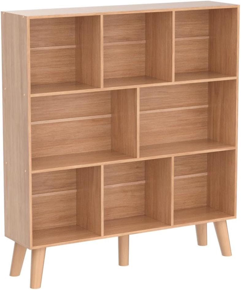 LEYAOYAO Wooden 8 Cube Book Shelf, Natural 3 Tier Bookshelf with Legs, Modern...