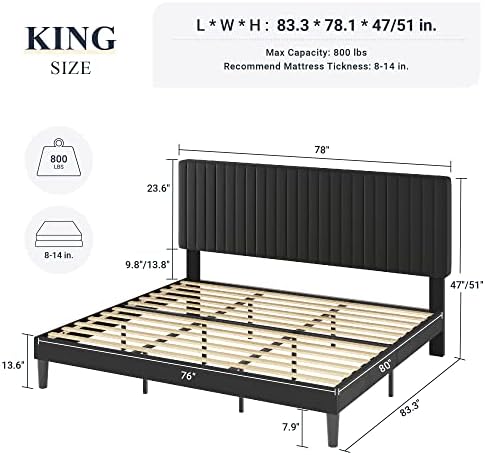 Allewie King Platform Bed Frame, Velvet Upholstered with Adjustable Vertical ...