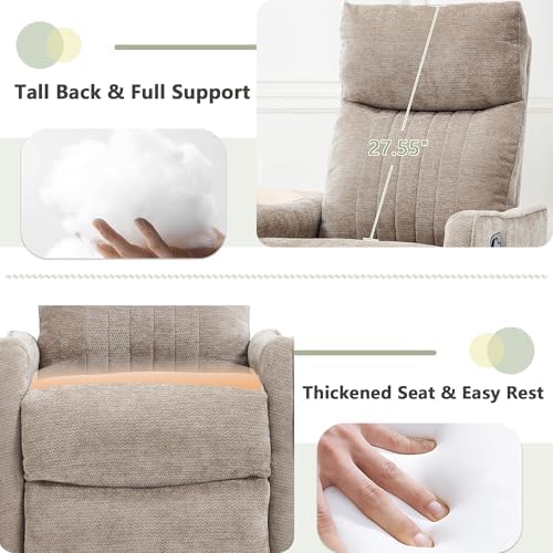 cinkehome Swivel Rocker Recliner, Glider Rocker Recliner Chair for Nursery, Manual Reclining Chair with Heated Massage, Small Spaces, Living Room, Khaki Chenille