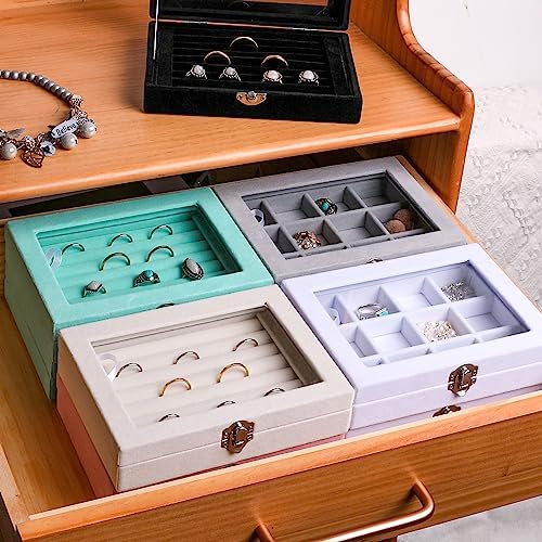 Jewelry Organizer Tray with Clear Lid 12 Grid Velvet Drawer Insert Jewelry Box with Transparent lid Jewelry Display Case Store Showcase Jewelry Box Gift for Women(White,12 Grid) (Pack of 2)