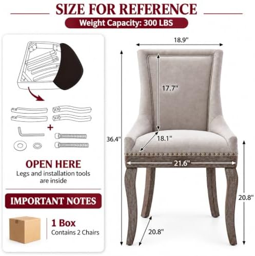 Upholstered Dining Chairs Set of 6, Beige Fabric Kitchen Chair with Nailhead ...