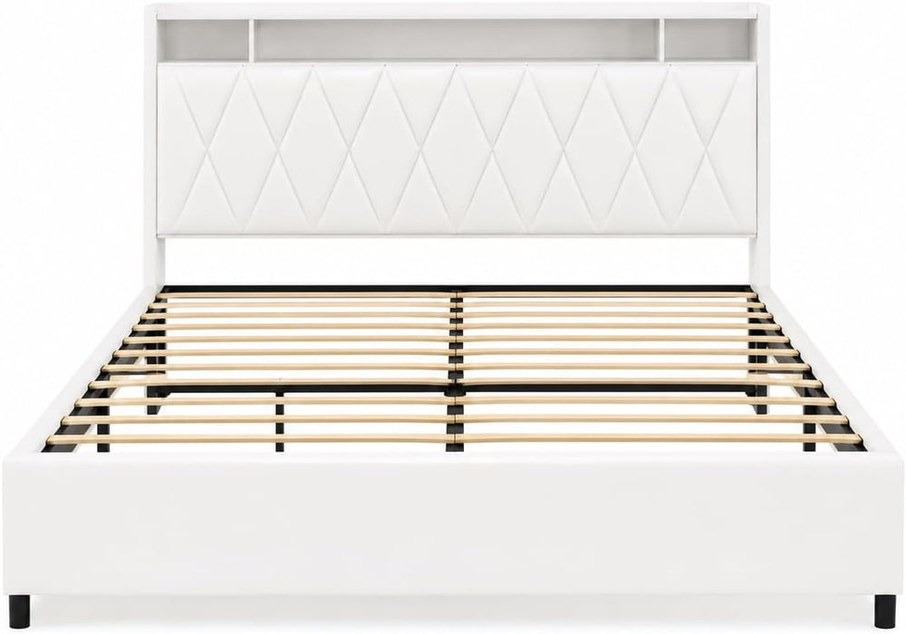 Peanu Queen Bed Frame, Ergonomic Headboard, White Metal Platform