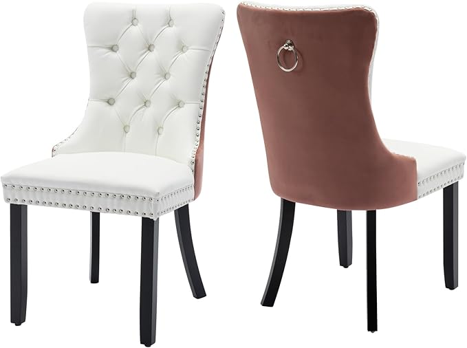 Velvet Dining Chairs Set of 2, High-end Tufted Upholstered Dining Chair with Ring Pull and Solid Wood Legs, Modern Dining Room Chairs for Dining Room, White PU & Pink Velvet