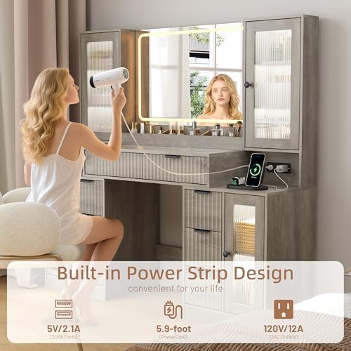 Fluted Vanity Desk with Mirror & Lights | 8 Drawers & 4 Cabinets, Tem...