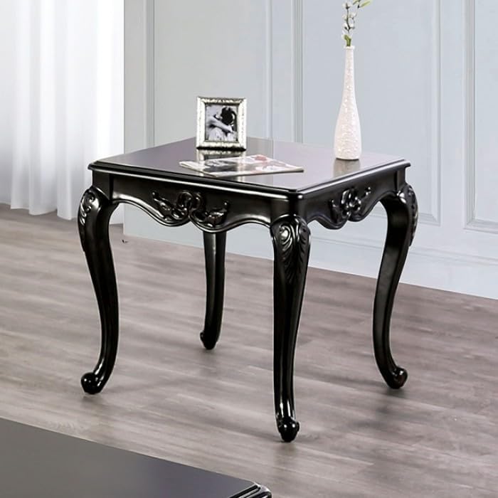 MASARA Elegant Traditional Black End Table with Carved Details, Solid Wood an...