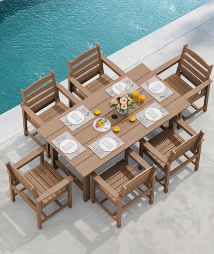 SERWALL 7 Pcs Outdoor Dining Set, 1 Umbrella Hole Table & 6 Chairs, Brown