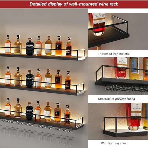Metal Wall Mounted Wine Rack with LED Light, 3 Tiers Liquor Bottles Floating ...