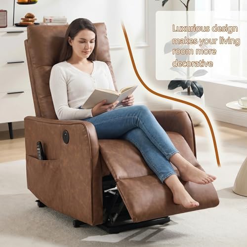 Power Lift Recliner Chair with Vibration Massage and Heat for Petite Elderly, Small Lift Chair with Side Pocket Remote Control, Infinite Position, Faux Leather Brown