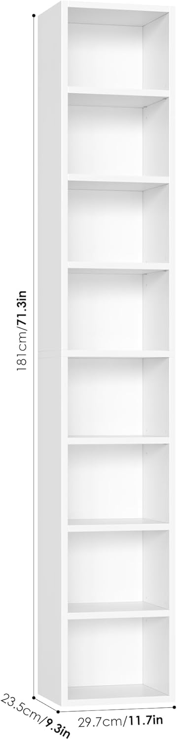 FOTOSOK White Bookshelf 8-Tier Narrow Bookshelf, 11.6 X 9.3 X 70.9 Tall CD DV...