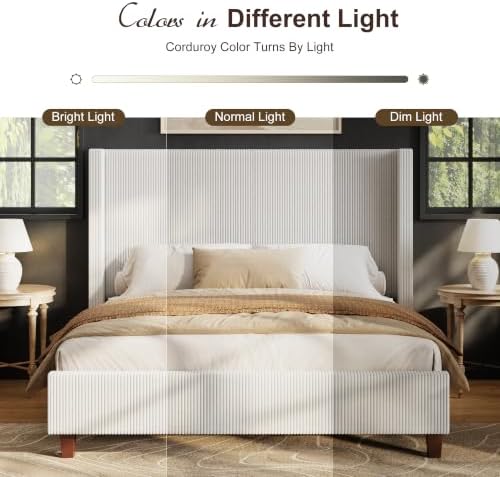 HOWE Queen Size Bed Frame with 50.8 Inch Corduroy Wingback Headboard, Cream