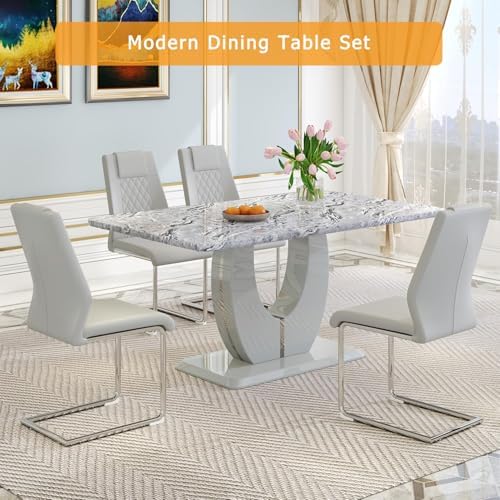 63" Faux Marble Dining Table Set for 4, 5-Piece Rectangular Kitchen Tabl...