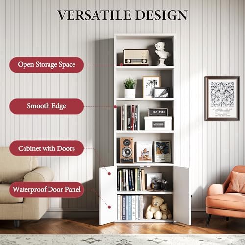 71.5" Bookshelf Set of 2, 6-Tier Bookcase with Cabinet Doors, Tall Displ...