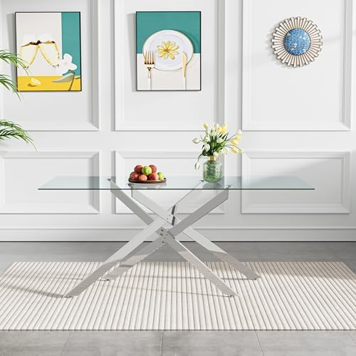 7 Piece Glass Dining Table Set Modern Glass Dining Table Set for 6, 61" ...