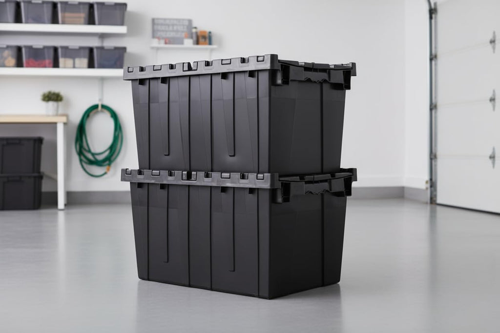 Hudson Exchange 21.9 x 15.2 x 12.8” (3 Pack) Storage Tote Distribution Container with Hinged Attached Lid, Black